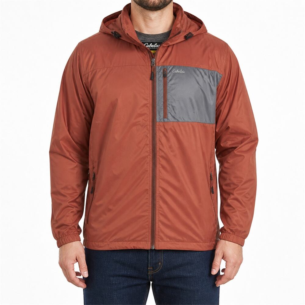 Cabelas Windbreaker Jacket Mens Medium Rust Lightweight Hooded Full Zip